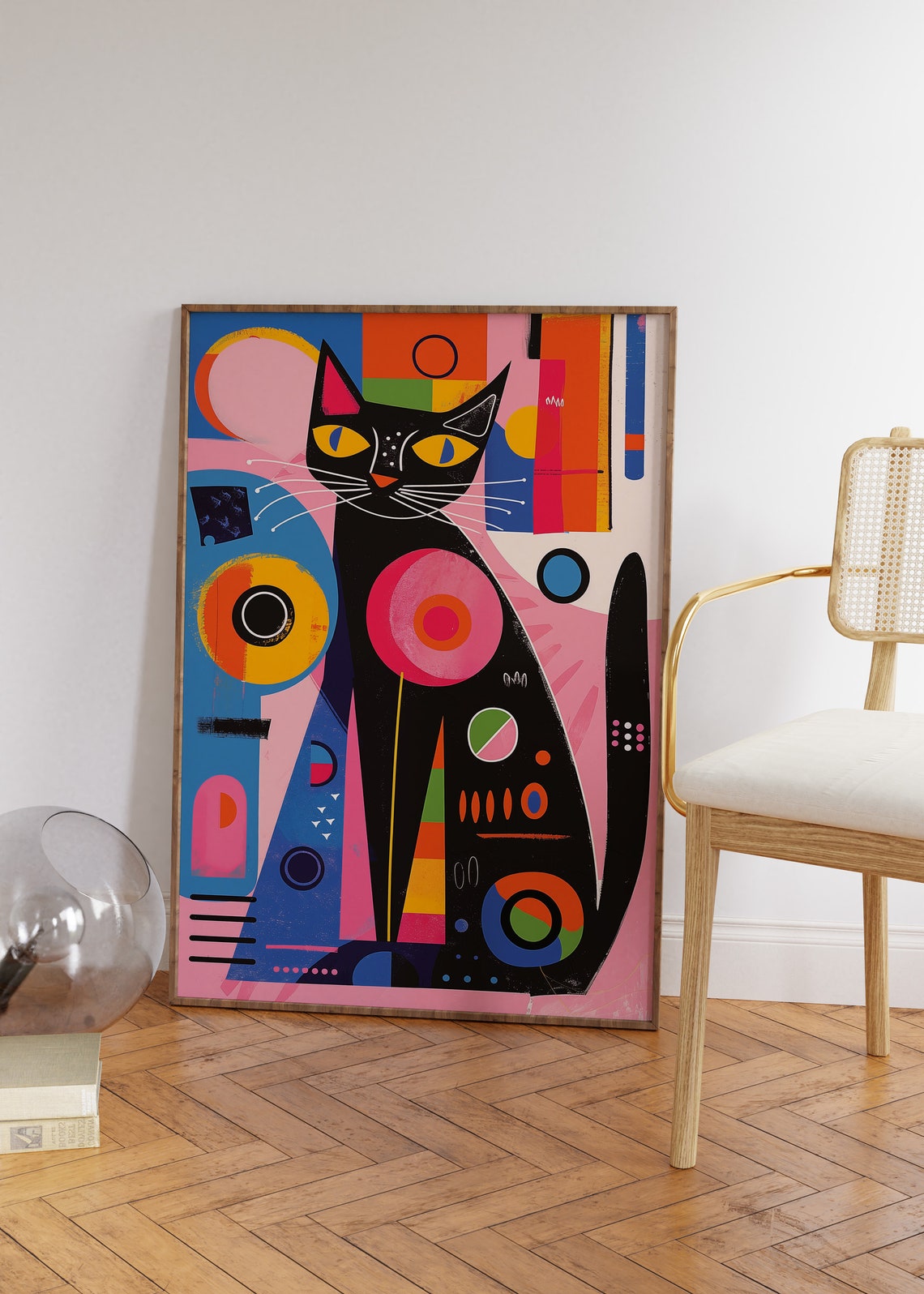 Playful Black Cat Geometric Poster with Colorful Abstract Shapes - Image 4