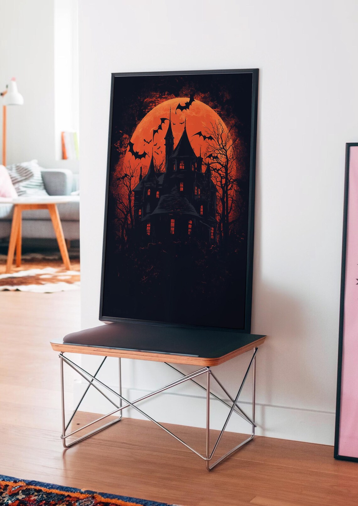 Haunted House Giant Orange Moon Bats Halloween Horror Night Poster - Image 4