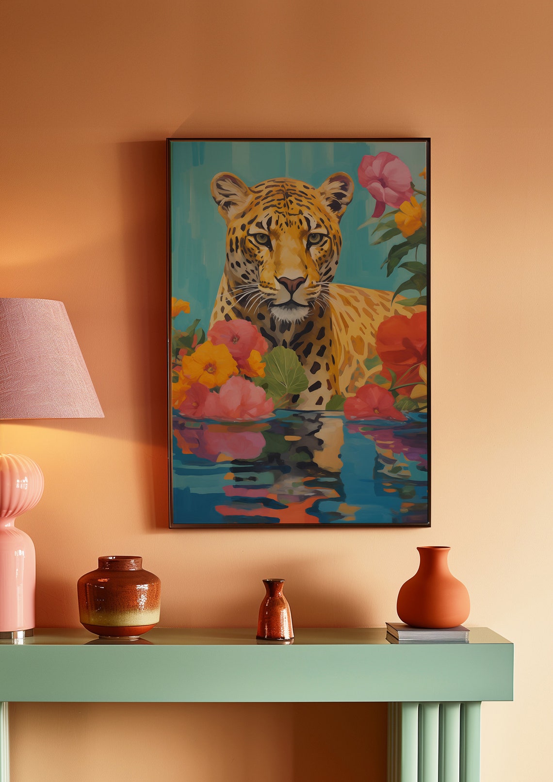 Leopard Tropical Flowers Water Reflection Wildlife Art Poster - Image 3