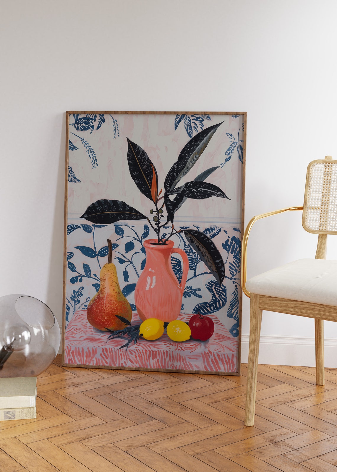 Vintage Floral Still Life Poster with Pink Pitcher Pears and Lemons - Image 4