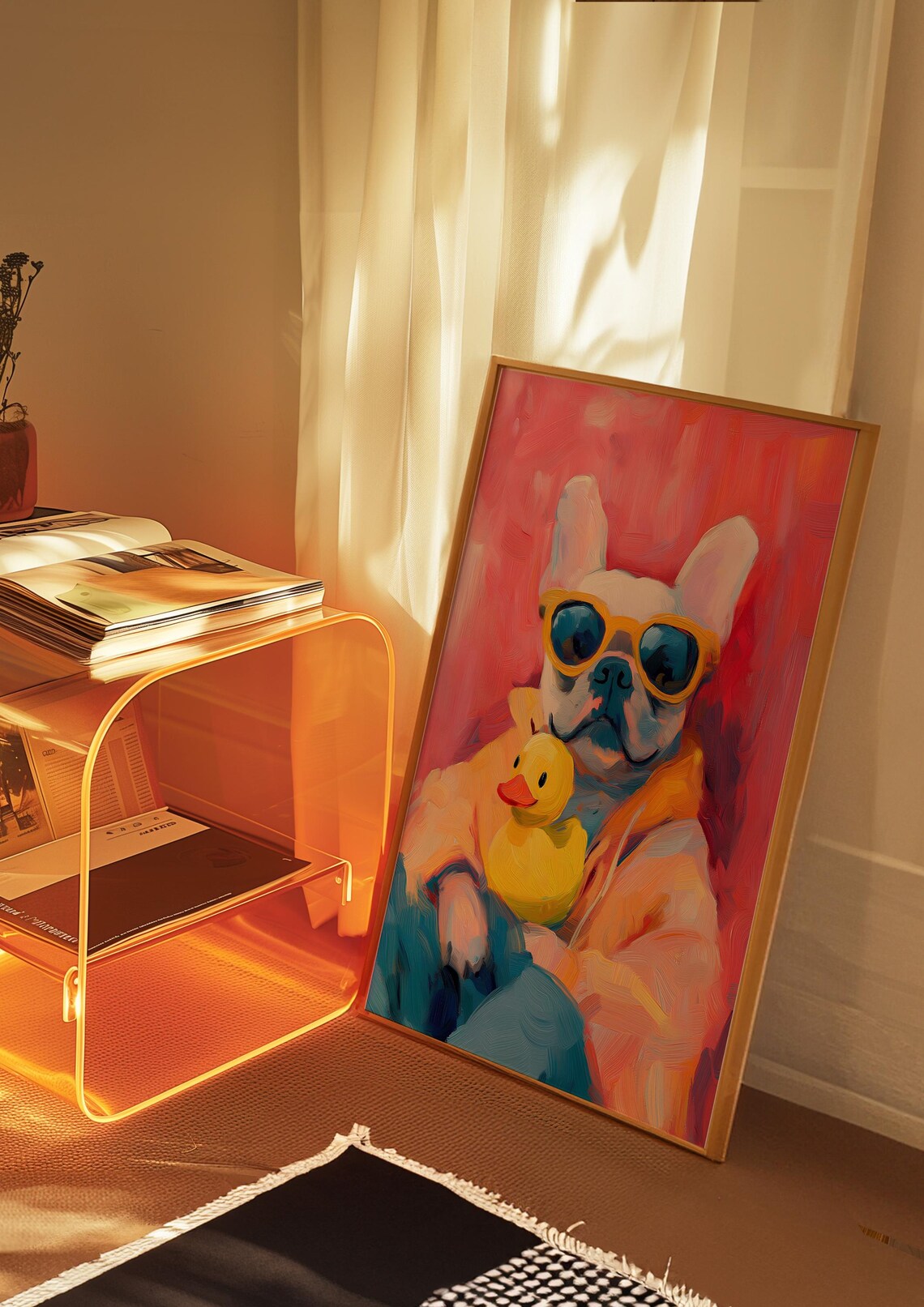 French Bulldog in Yellow Sunglasses Holding a Rubber Duck Poster - Image 3
