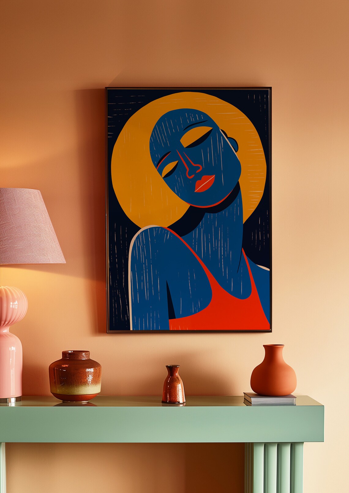 Abstract Blue Woman Silhouette with a Golden Halo Moon Poster - Image 3