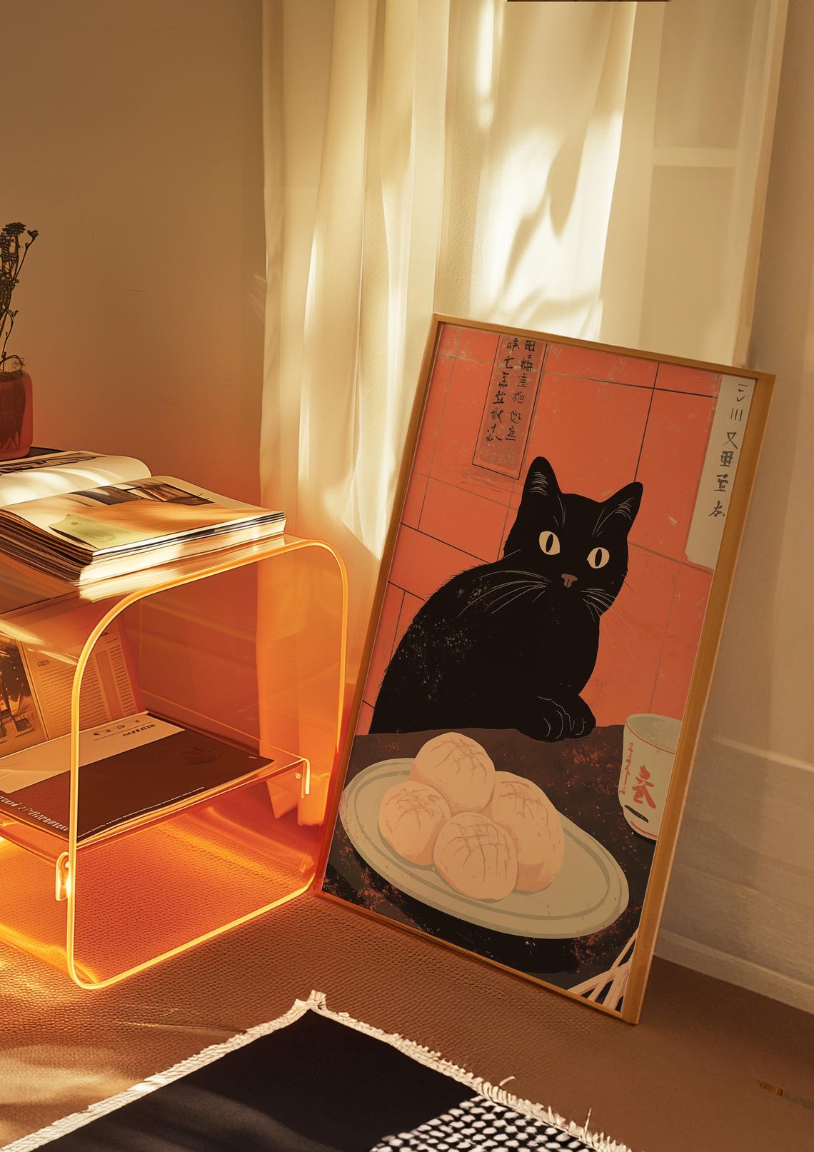 Vintage Japanese Style Black Cat with Steamed Buns Kitchen Poster - Image 3