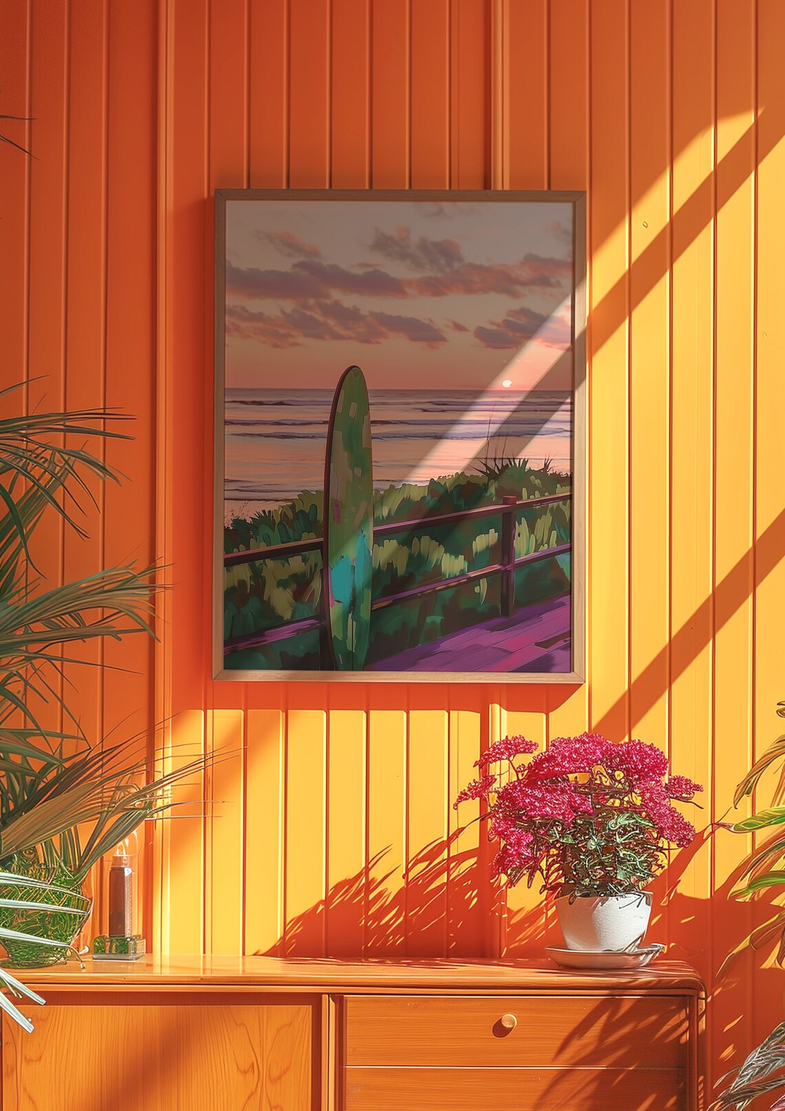 Surfboard Sunset Beach Ocean Dune Fence Serene Travel Poster - Image 2