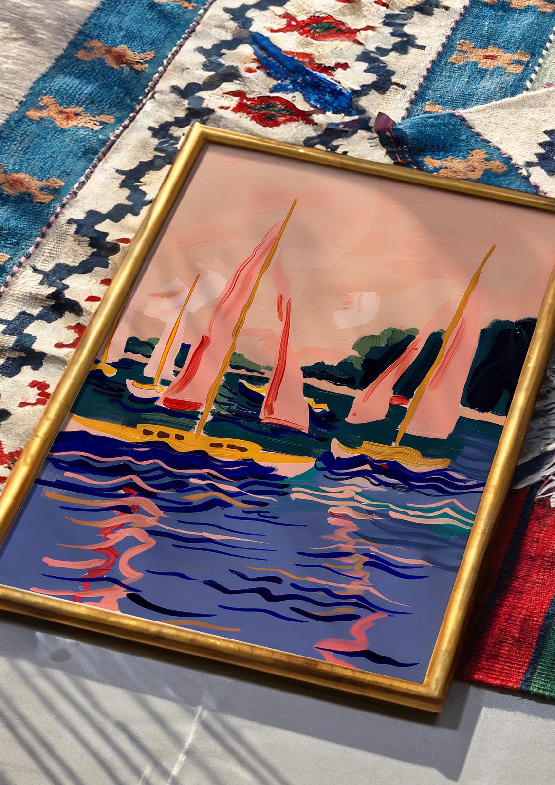 Sailboats with Pink Sails on Blue Water Regatta Scene Poster - Image 3