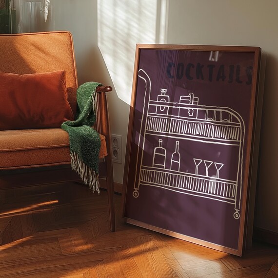 Cocktails Bar Cart Retro Poster Print, Liquor Shelf