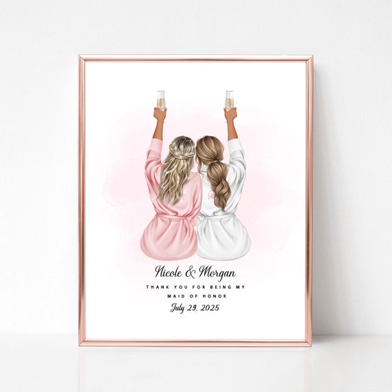 Bride And Maid Of Honor Drawing Bridesmaid Painting Maid Of Honor Illustration Wedding Favor Personalized Maid Of Honor Picture