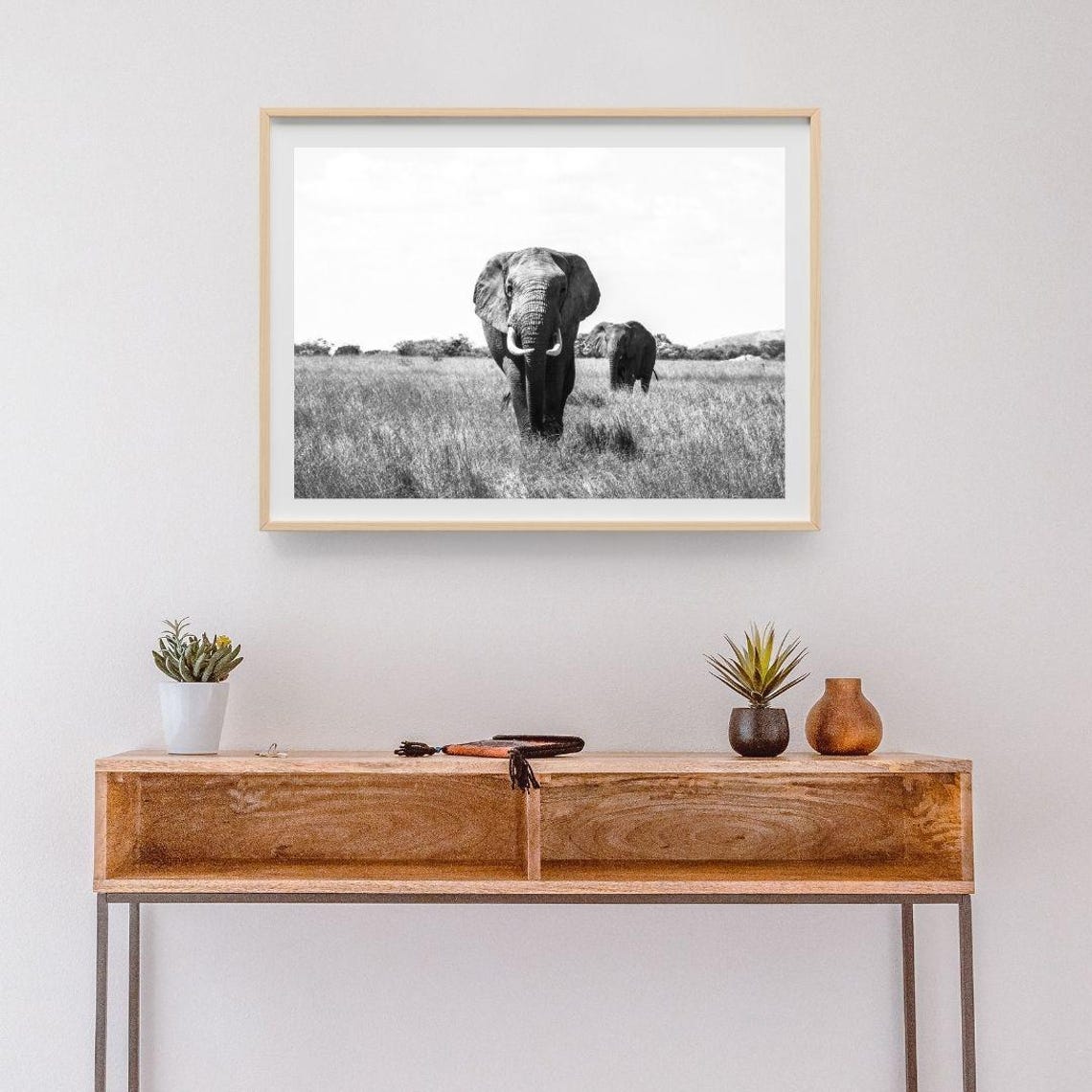 African Elephants Savanna Black And White Wildlife Photo Poster - Image 5