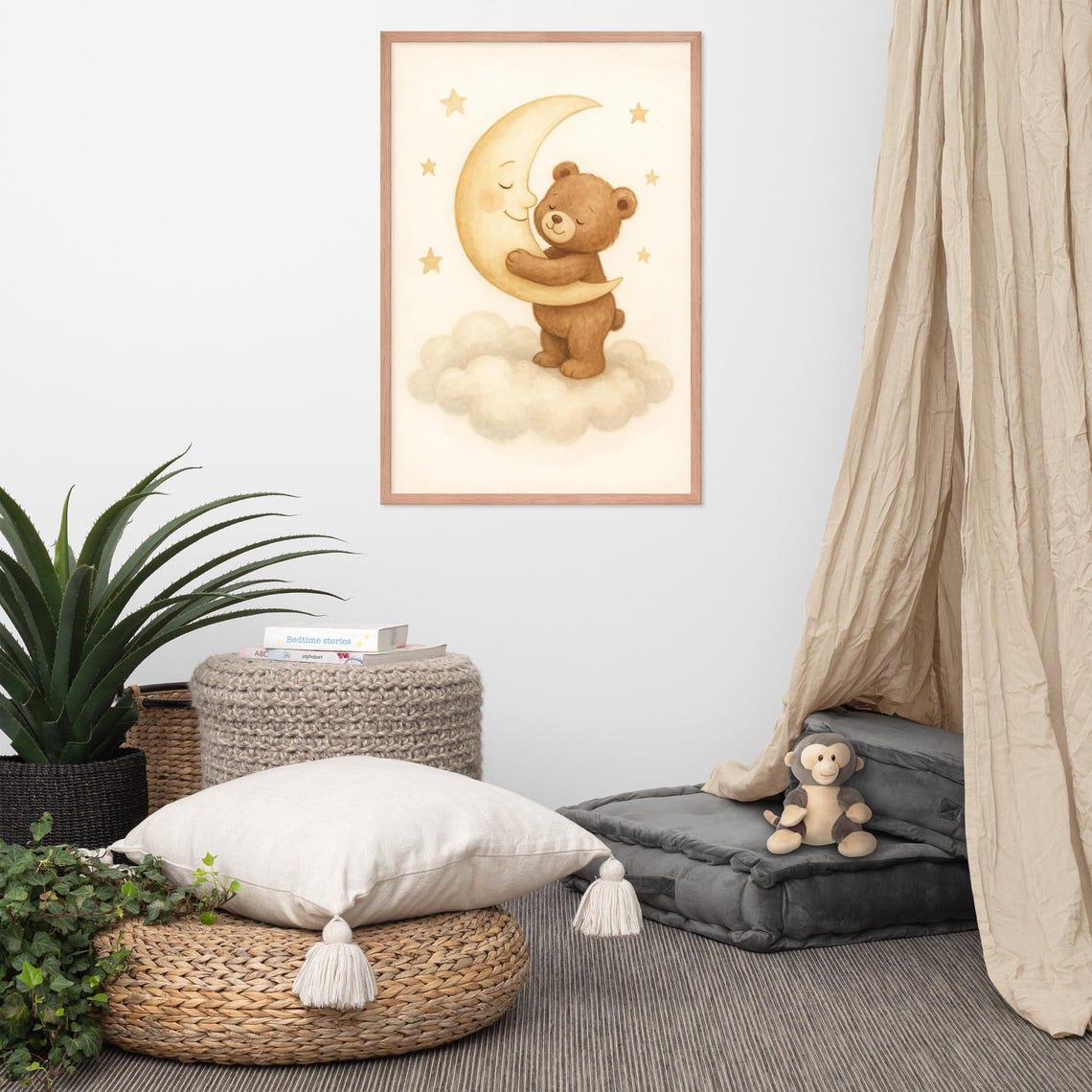 Teddy Bear Hugging The Moon, Nursery Watercolor Decor - Image 2