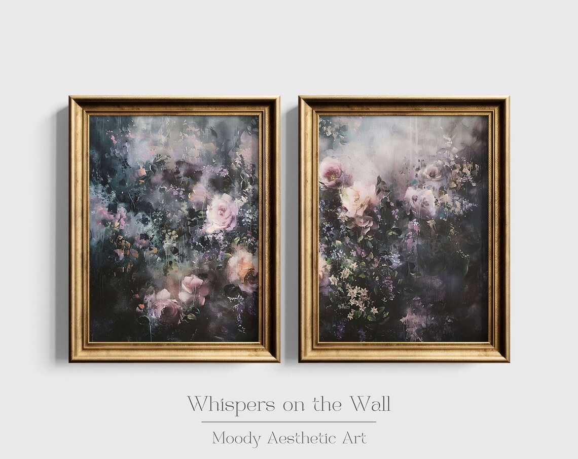 Pair Of Moody Abstract Floral Paintings With Blush Roses Dark Set Poster