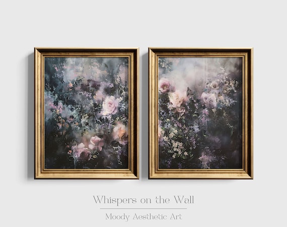 Pair Of Moody Abstract Floral Paintings With Blush Roses Dark Set Poster