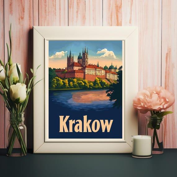 Vintage Krakow Illustration Scenic River Iconic Architecture And Lush Greenery A Serene Travel Poster Design