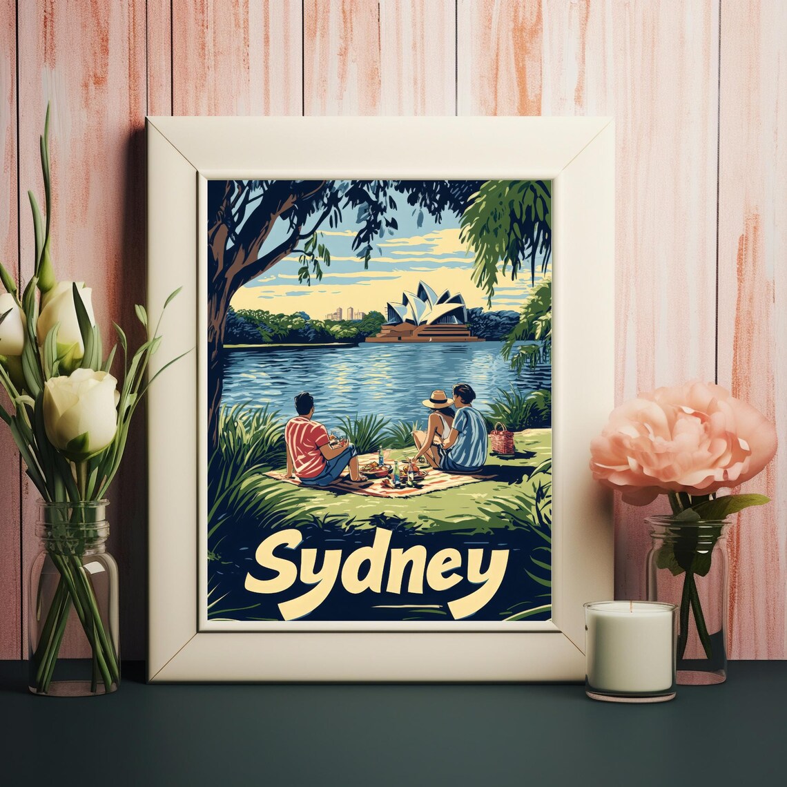Serene Sydney Picnic By Water, Vintage Travel Poster