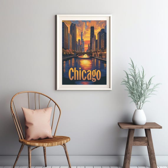 Vibrant Chicago Sunset Skyline Artistic Art Print With River Reflection And Bold Chicago Typography