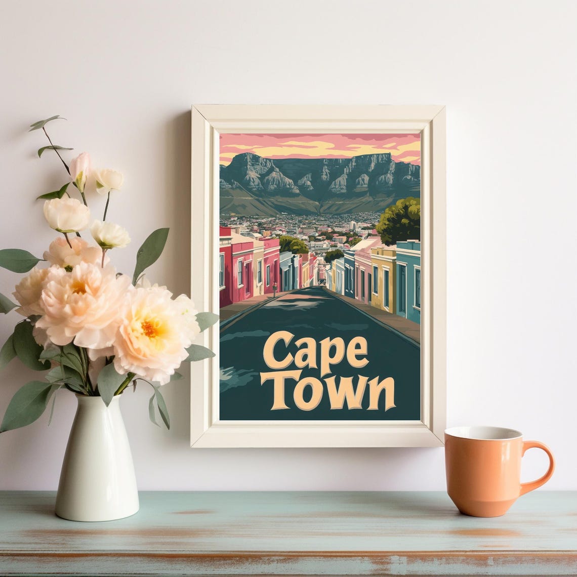 Vibrant Cape Town Illustration Charming Pastel Houses With Table Mountain At Sunset Instant Wall Art - Image 3