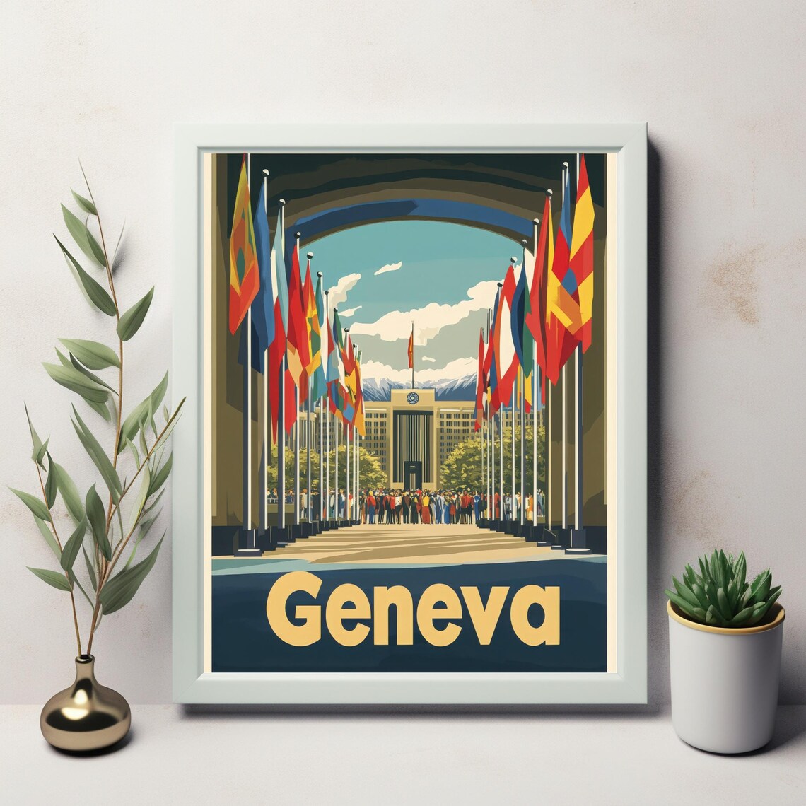Vintage Geneva Travel Poster, Mountain Cityscape