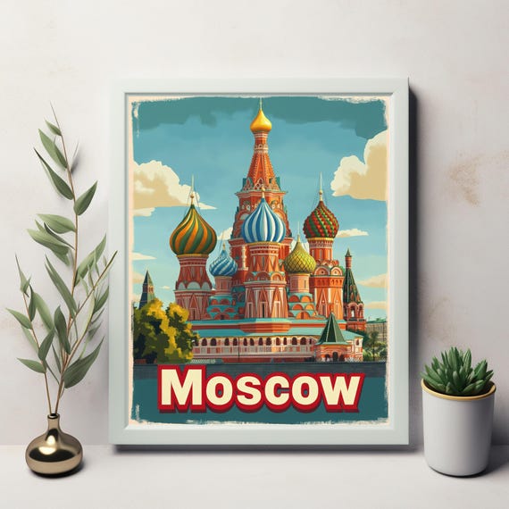 Vibrant Saint Basils Cathedral Illustration Moscow Art Print With Colorful Domes And Vintage Travel Charm