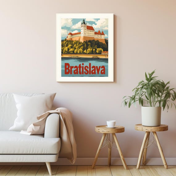 Bratislava Castle Art Vintage Travel Poster Style With Iconic Architecture And Serene Danube River Scene