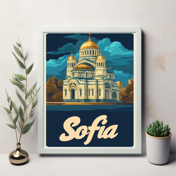 Sofia A Vintage Travel Poster Of The Majestic Alexander Nevsky Cathedral In Bold Blues And Golds