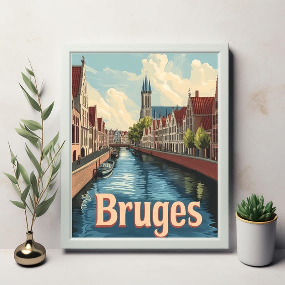 Discover Bruges A Vintage Poster Art Print Showcasing The Charming Canals And Medieval Architecture Of Belgium