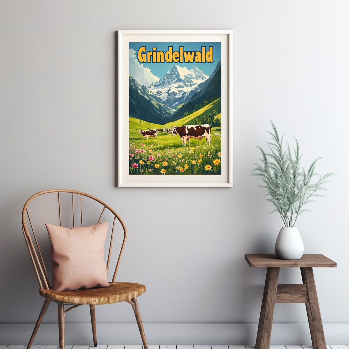 Discover The Beauty Of Grindelwald A Vintage Travel Poster Of The Swiss Village With Majestic Mountains And Grazing Cows - Image 2