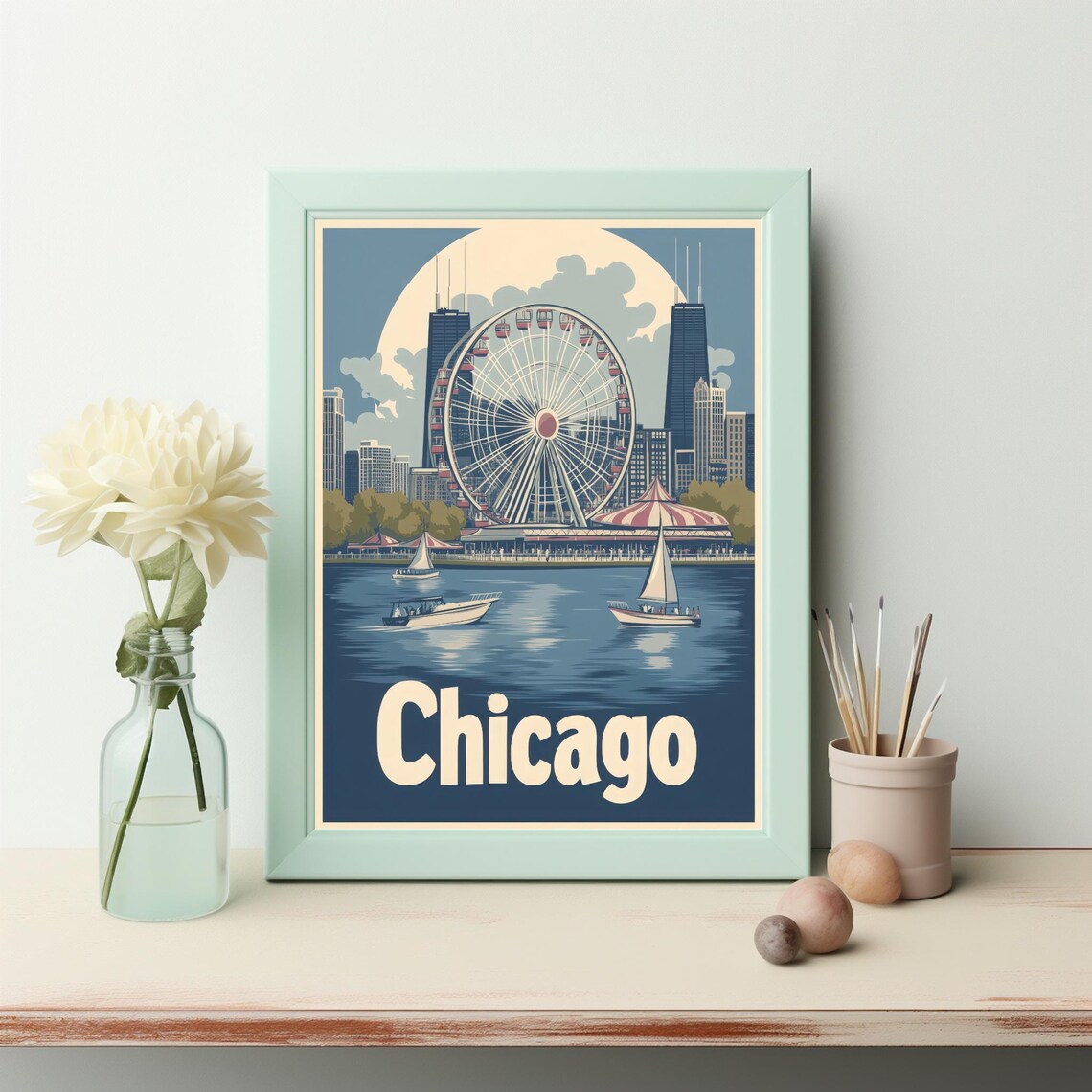 Chicago's Charm Vintage Inspired Ferris Wheel Skyline Art Print
