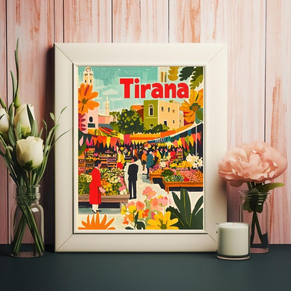 Tirana Market Scene Vibrant Outdoor Market Illustration With Colorful Flowers And Charming Architecture