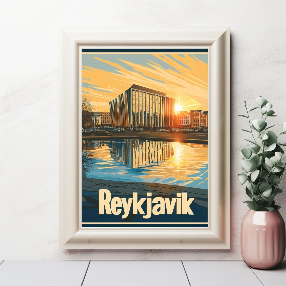 Reykjavik A Serene Sunset Reflection In Modern Architecture Art Print For Your Wall Art Collection - Image 2