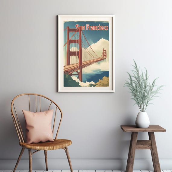 Vintage San Francisco Golden Gate Bridge Art Retro Style With Clouds And Greenery