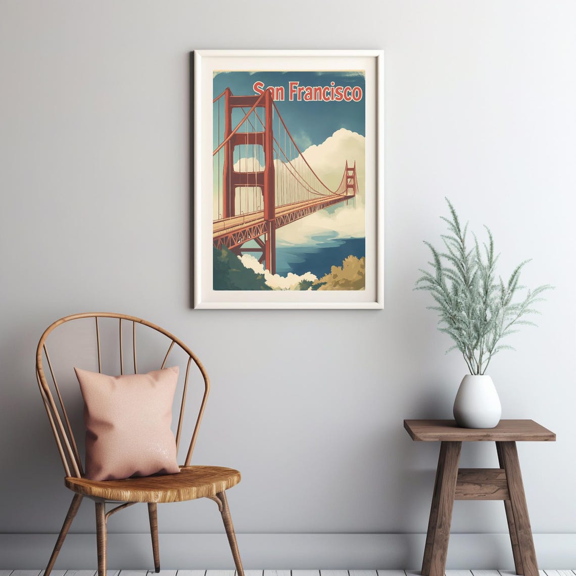 Vintage San Francisco Golden Gate Bridge Art Retro Style With Clouds And Greenery