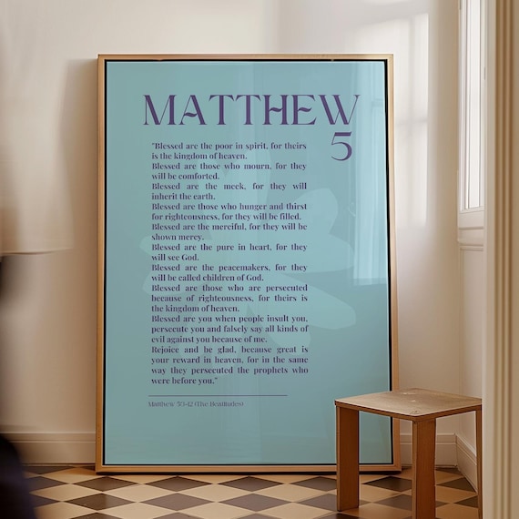Matthew 5 The Beatitudes Bible Verse Soft Blue Scripture Wall Poster