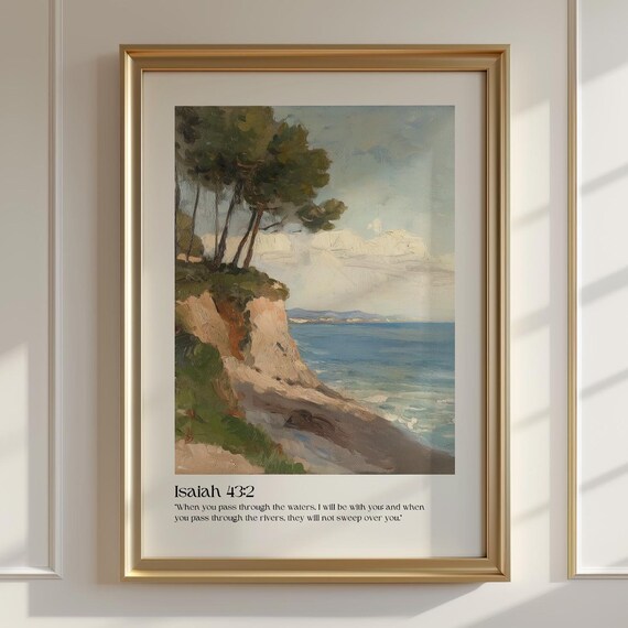 Isaiah 43:2 Coastal Cliff Scripture Landscape Christian Faith Poster