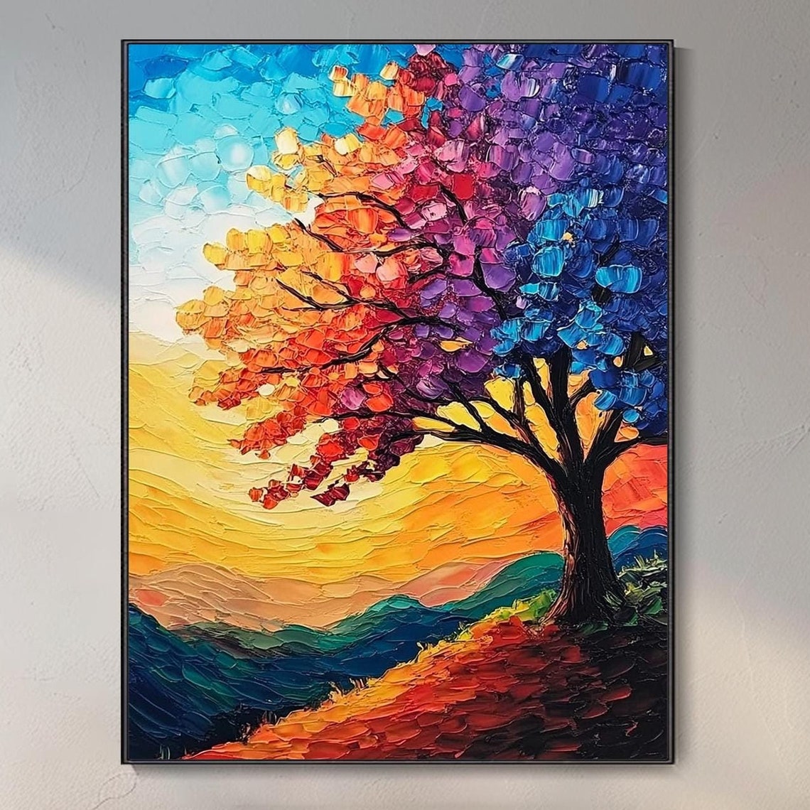 Rainbow Color Tree Sunset Hill Multicolor Foliage Impasto Wall Art - Image 3
