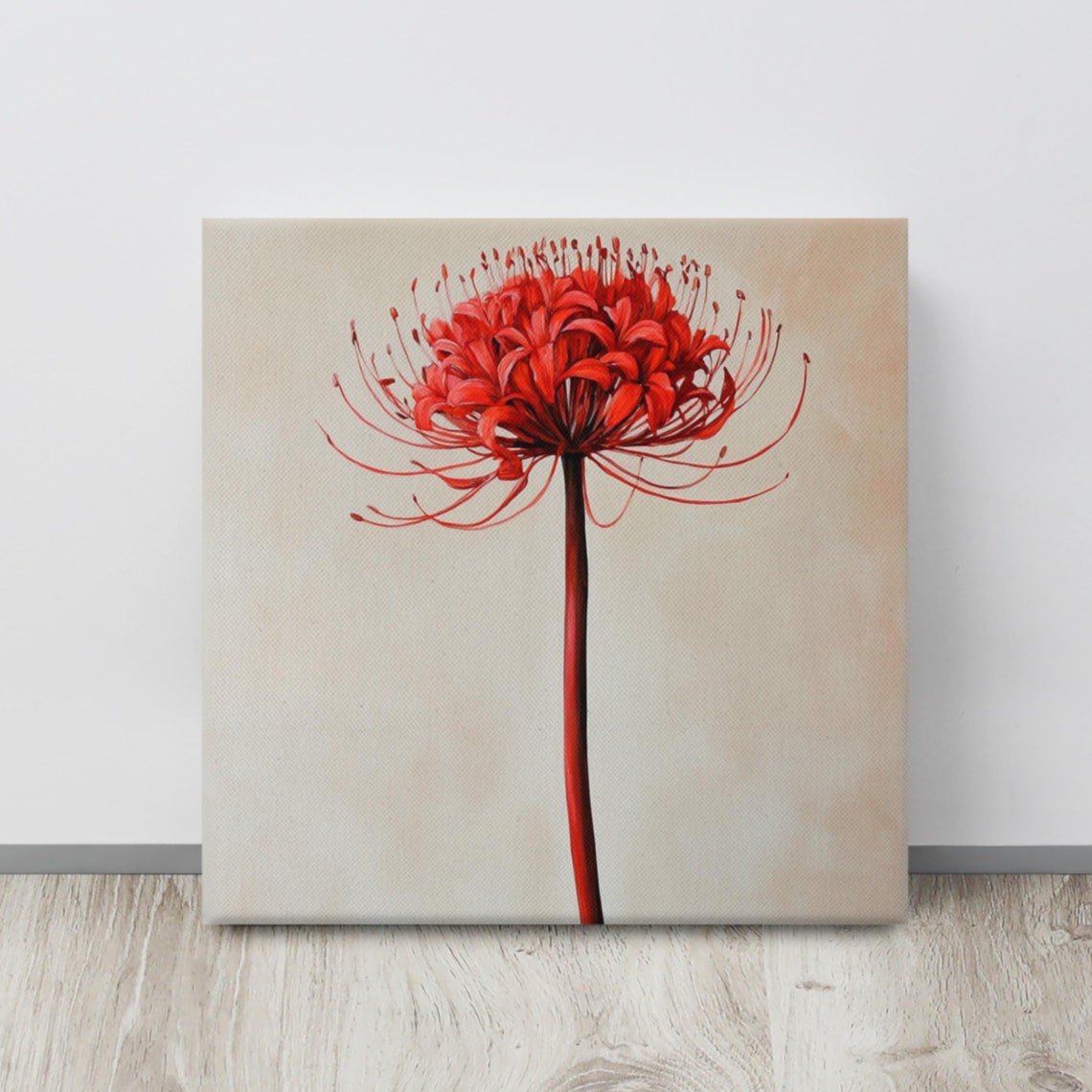 Red Spider Lily Bloom Long Stamens Beige Botanical Painting Art Poster