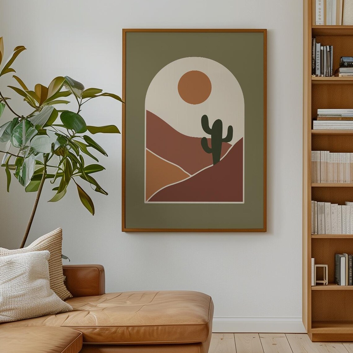 Mid Century Modern Desert Cactus Sun Sage Green Minimalist Wall Poster