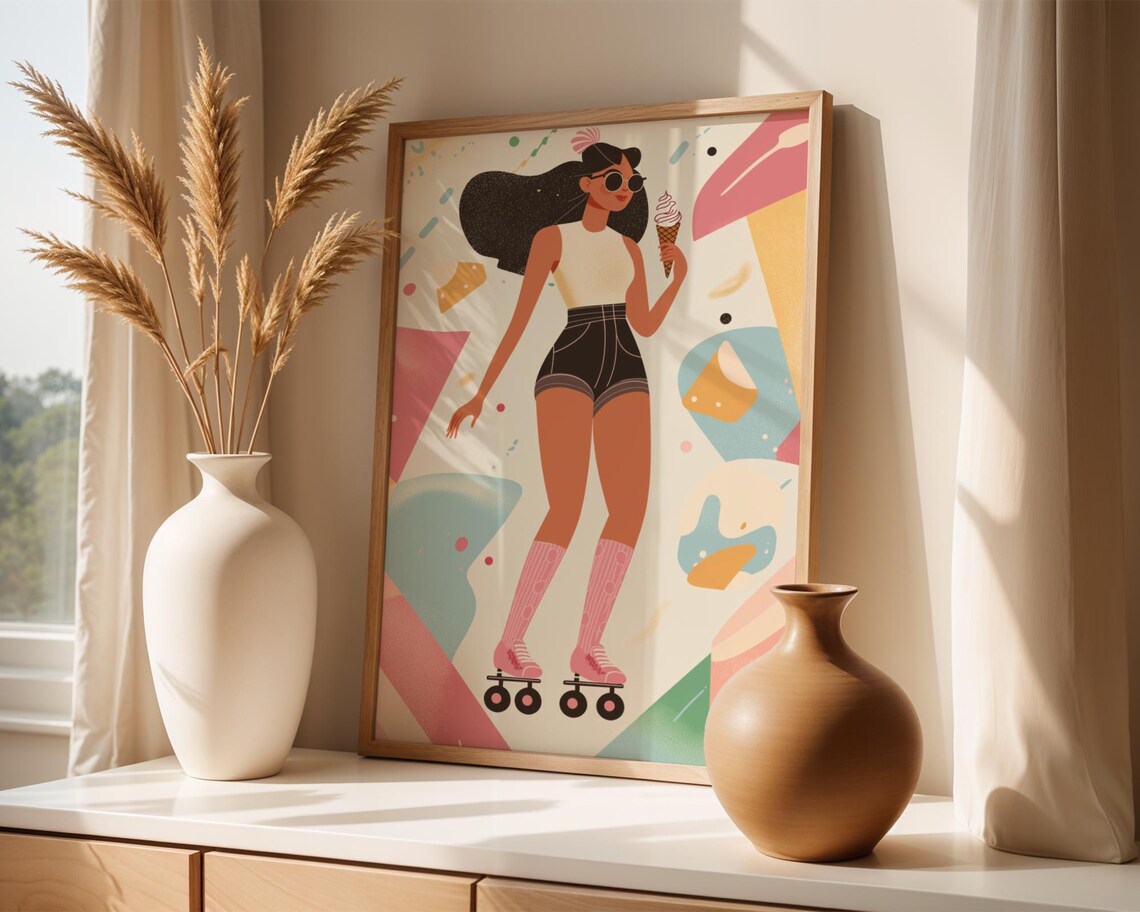 Retro Roller Skating Girl Art Print, 80s Boho - Image 3