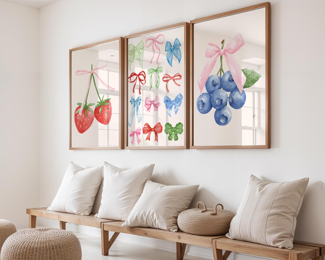 Trendy Bows Wall Art Triptych Coquette Watercolor Wall Art Set Whimsical Fruits Decor Instant Preppy Artwork - Image 4