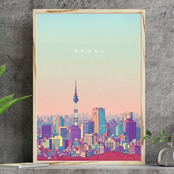 Seoul N Tower Skyline Colorful Travel Cityscape Illustration Poster