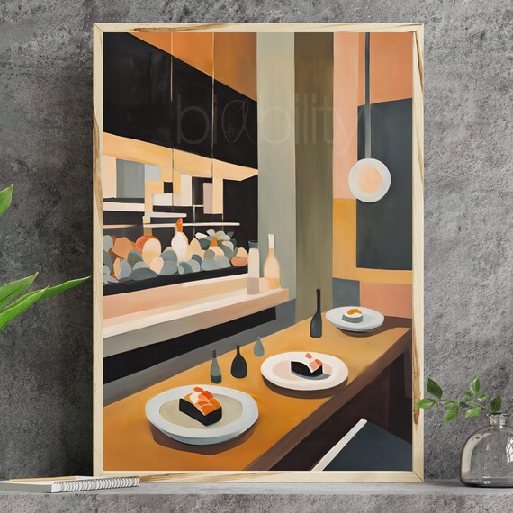 Japanese Omakase Dinner Print Wall Art Japan American Abstract Painting Gift Vertical Poster Osaka Kyoto Tokyo Sushi Kaiseki Fish Fan