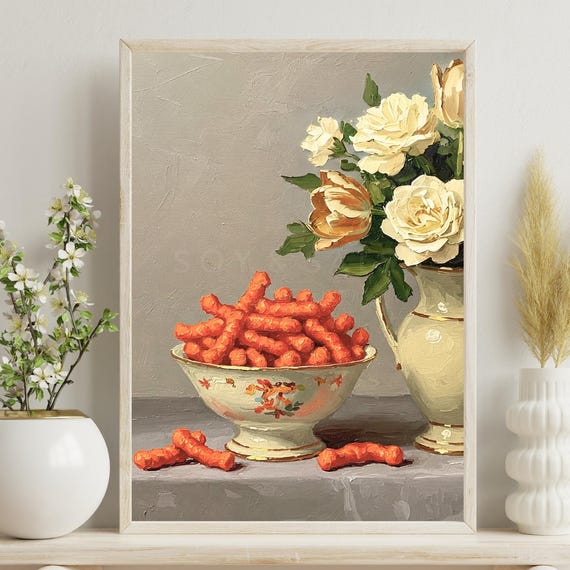 Hot Cheetos Vase Fine Dining Style Print Vertical Poster Modern Chips Junk Food Flowers Neutral Classy Funny Wall Art