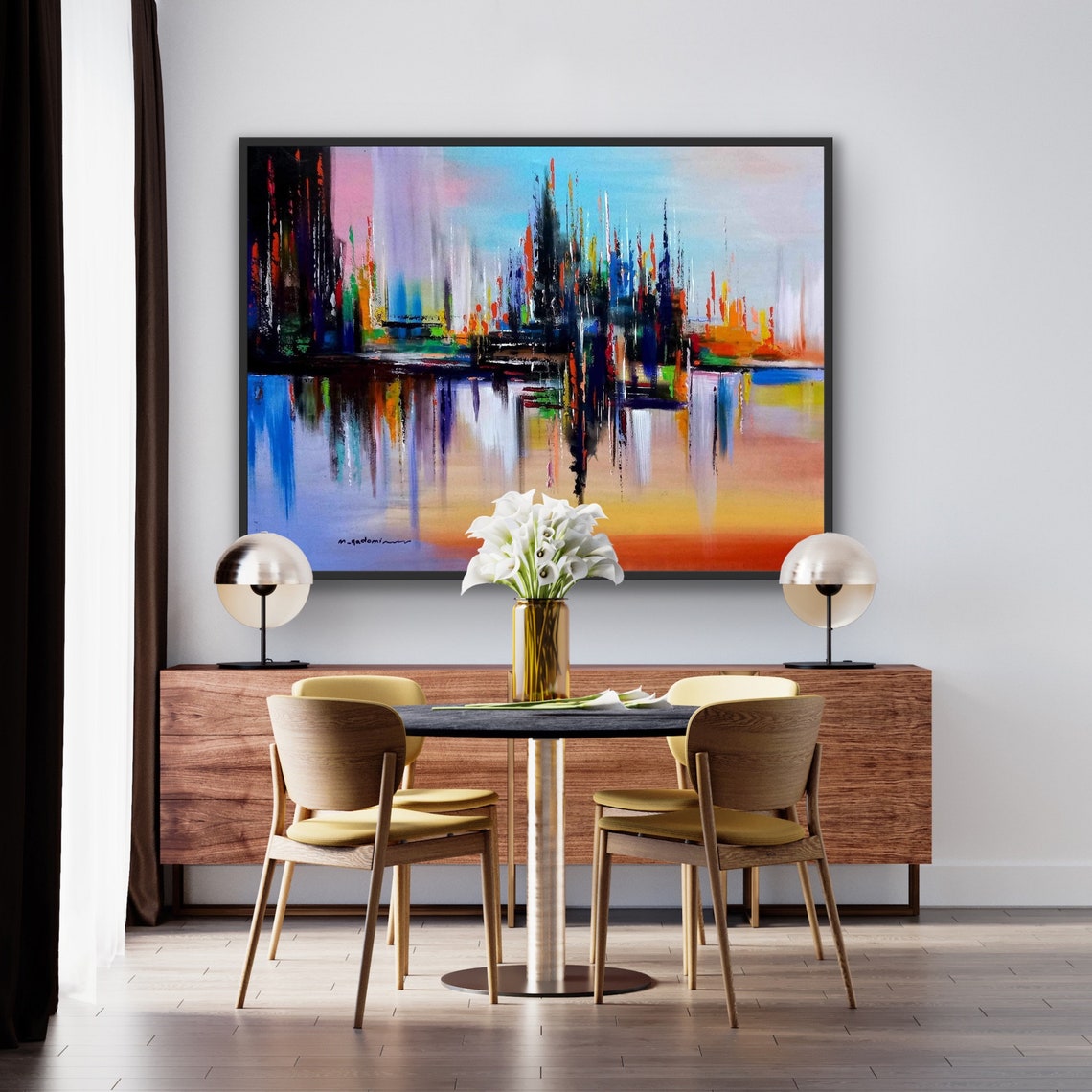 Abstract Cityscape Reflections Modern Multicolor Oil Painting Poster - Image 2