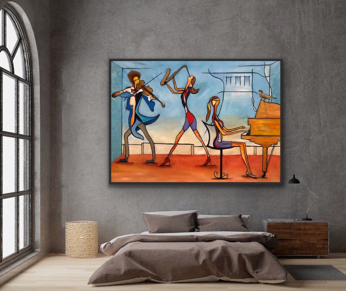 Abstract Music Painting, Cubist Piano Violin Art Print - Image 2
