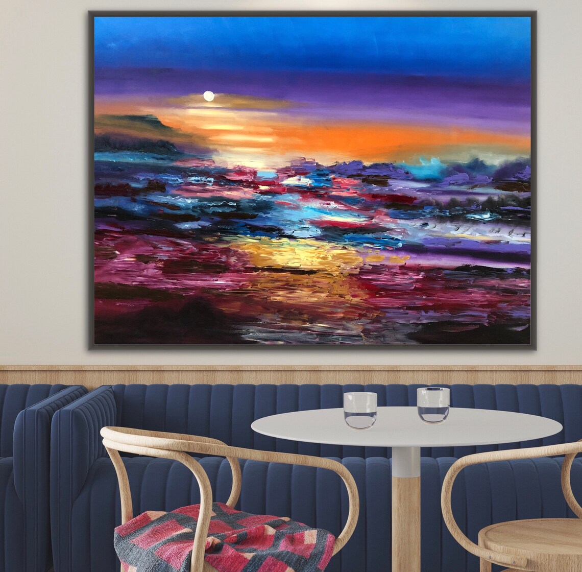 Moonlit Ocean Waves Abstract Painting Purple Orange Sea Night Sky Poster