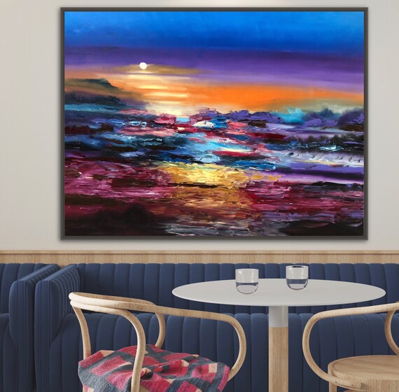 Moonlit Ocean Waves Abstract Painting Purple Orange Sea Night Sky Poster