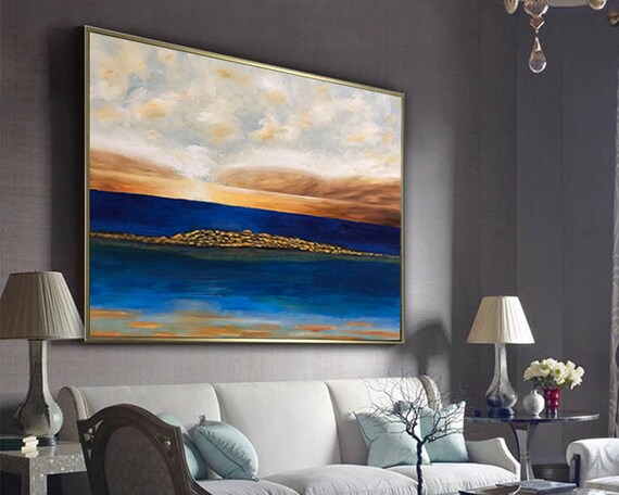 Deep Blue and Gold Abstract Seascape Golden Shoreline Waves Poster