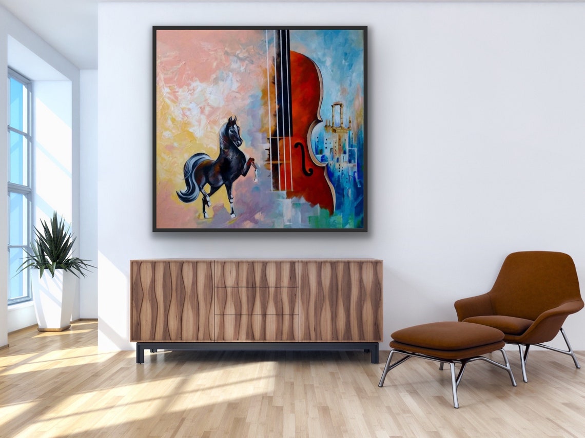 Violin Oil Painting Horse And Violin Art Oil Painting Abstract Painting On Music Abstract Art Handmade Oil Painting