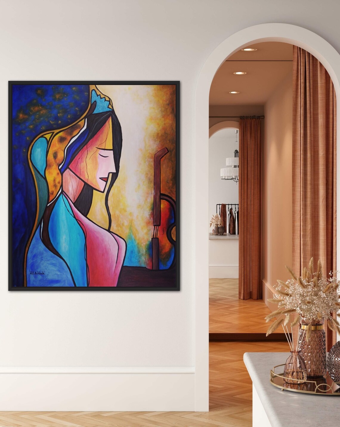 Cubist Colorful Woman Profile in Blue Yellow and Pink Poster - Image 2