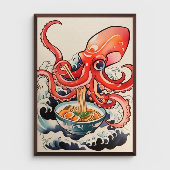 Ramen Octopus Poster Octopus Kitchen Wall Art Ramen Bowl Japanese Ukyo E Style Asian Noodle Octopus Art Print Ramen Bowl Japandi Art
