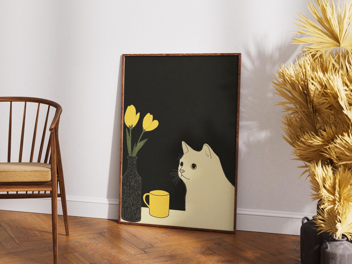 Minimalist White Cat Yellow Tulips Black Background Japanese Art Poster