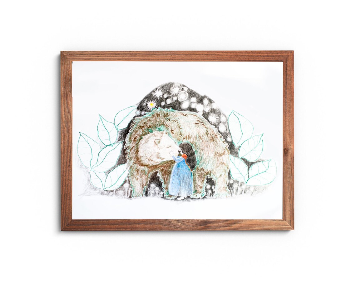 Little Girl Hugging Bear Whimsical Kids Room Illustration Poster - Image 3